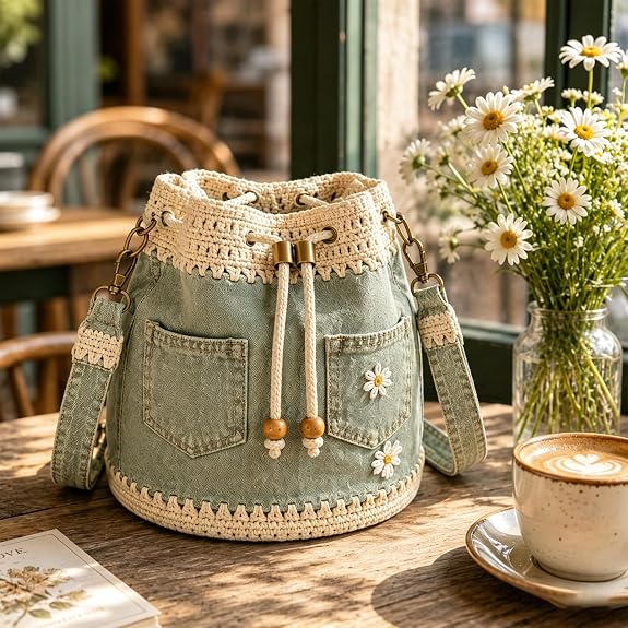 Handmade Denim Crochet Bucket Bag – Daisy-Embroidered Drawstring Crossbody Bag