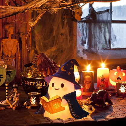 Wizard Reading Ghost LED Night Light Resin Cute Desk Lamp Portable Hallowee