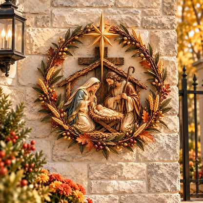 ✝️🍂 Autumn Nativity Cross Metal Wall Decor – Rustic Holy Family Harvest Wreath