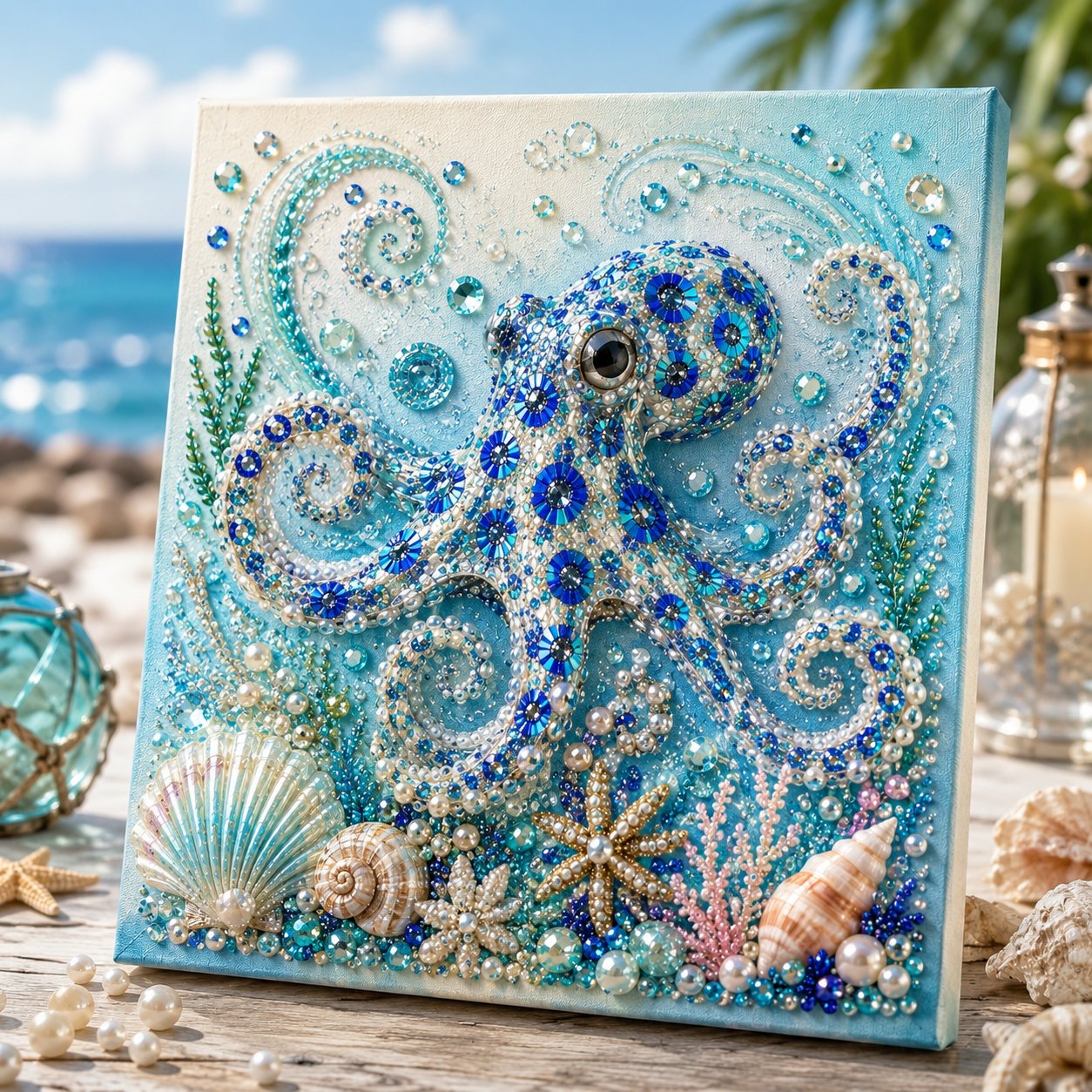 Sparkling octopus ocean pearl art displayed beside the sea