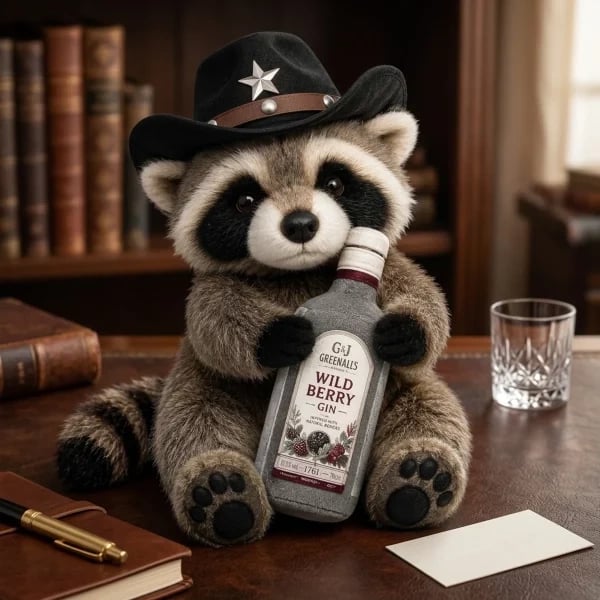 Wild West cowboy raccoon collector plush holding a decorative bottle