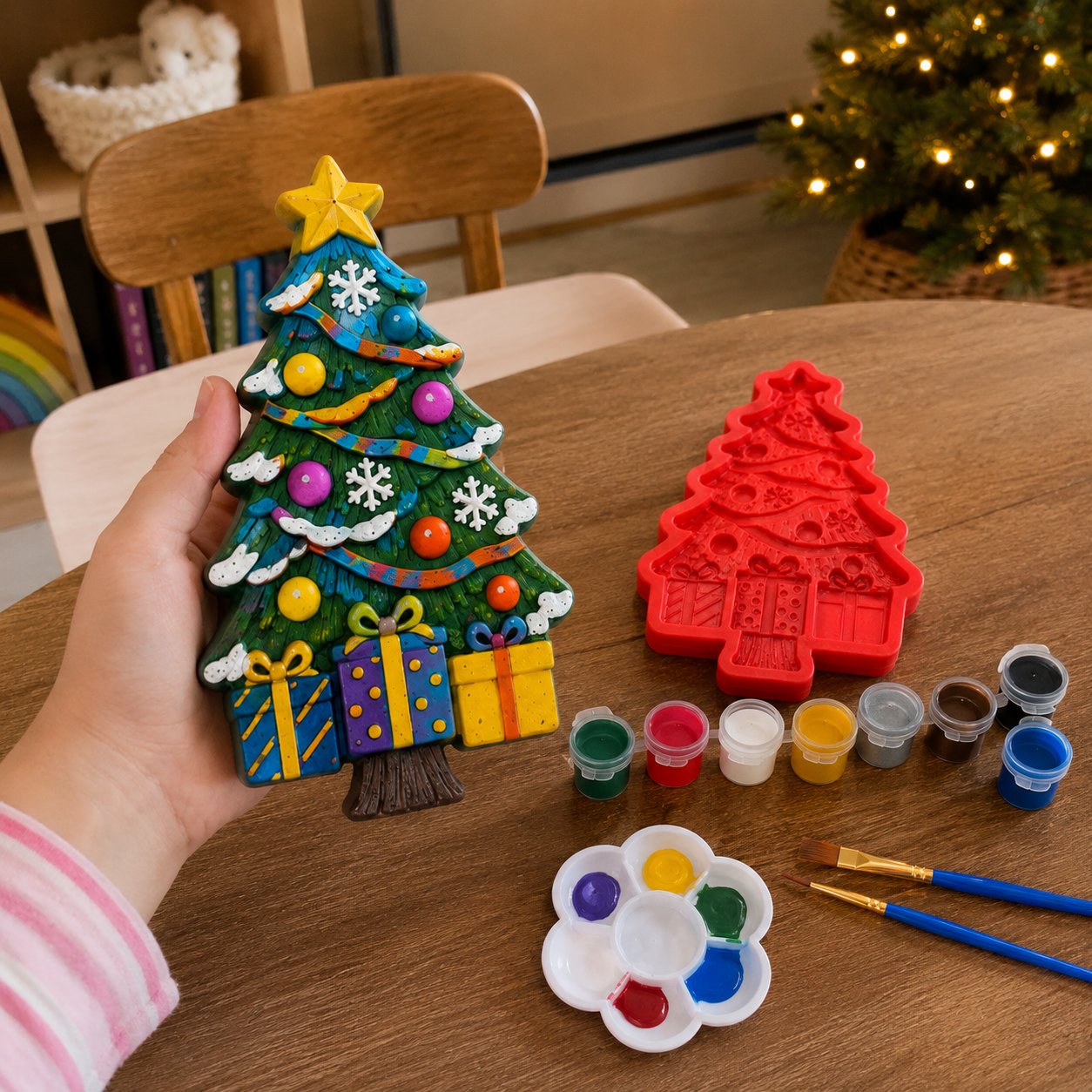 🎄 DIY Christmas Tree Mold & Paint Craft Kit | Reusable 3D Mold with 8 Acrylic Paints, 2 Brushes & Festive Detail Guide 🎨✨