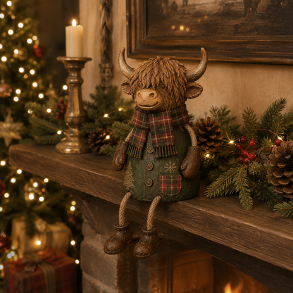 🐮Festive Highland Cow Shelf Sitter – Rustic Christmas Home Decor✨