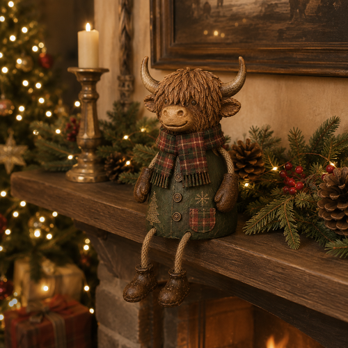 🐮Festive Highland Cow Shelf Sitter – Rustic Christmas Home Decor✨