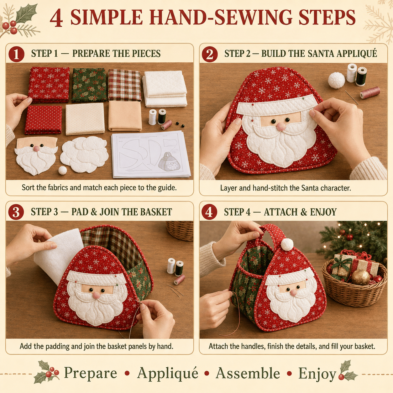 ⏳ Last Day 49% OFF – 🎄 Christmas Character Quilted Carry Basket | Padded Patchwork Fabrics, Layered Appliqué & Soft Carry Handle in DIY Kit or Ready-Made Styles 🎁✨