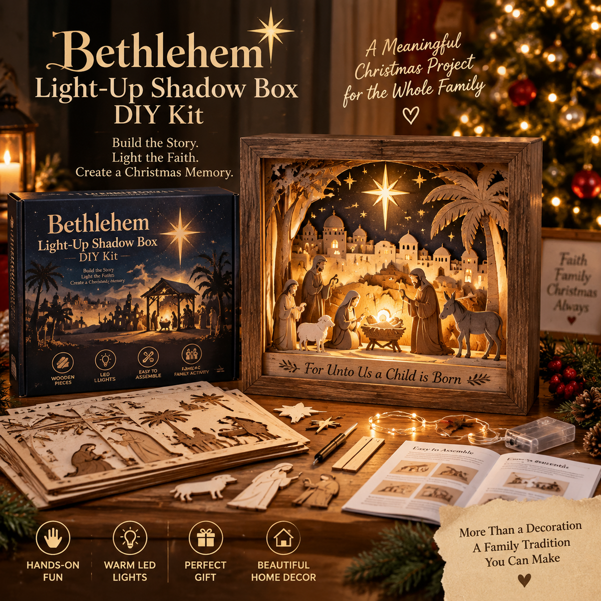 ⭐ Bethlehem Light-Up Nativity Shadow Box DIY Kit – Layered Wooden Christmas Craft