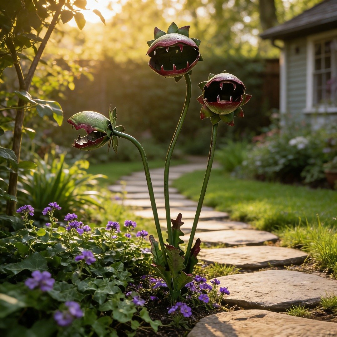 Skurriler Gartenstecker aus Metall in Form einer Venusfliegenfalle