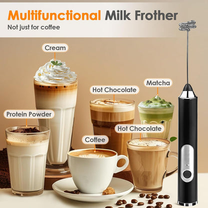 ☕ Rechargeable Milk Frother – Handheld with 2 Heads & 3 Speeds, Electric Mixer for Latte, Cappuccino, Matcha, Eggs (Black/White) 🌀
