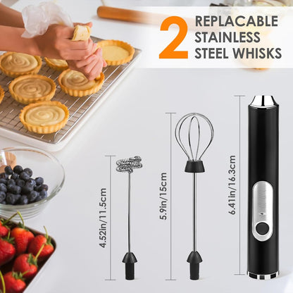 ☕ Rechargeable Milk Frother – Handheld with 2 Heads & 3 Speeds, Electric Mixer for Latte, Cappuccino, Matcha, Eggs (Black/White) 🌀
