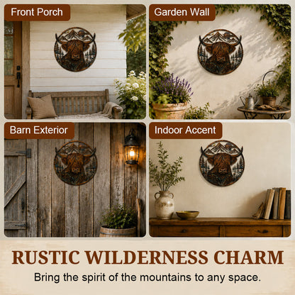 🏔️ Highland Cow Mountain‑Scene Metal Wall Decor – Rustic Open‑Work Farmhouse Art