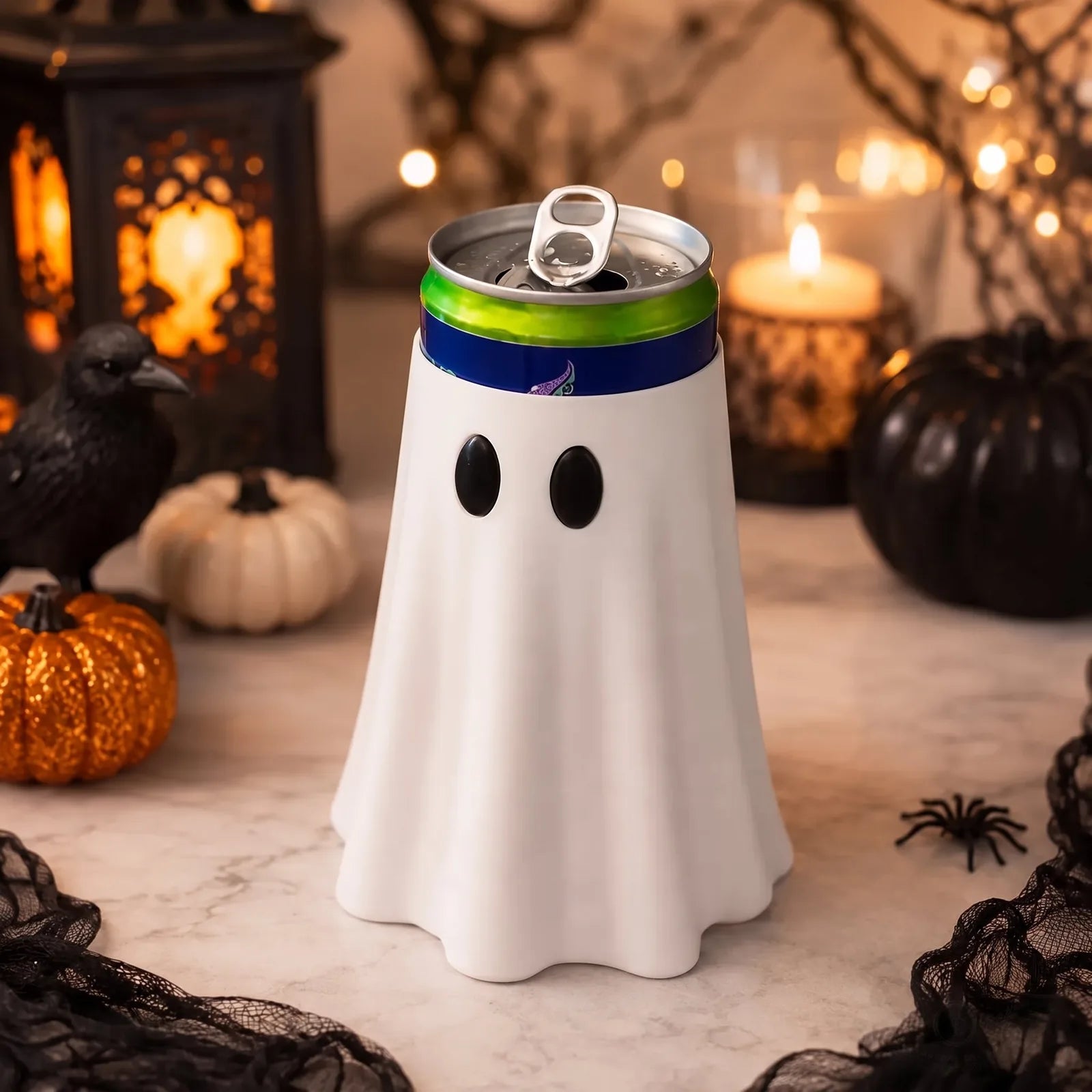Halloween Ghost Can Holder with Witch Hat – 12 oz