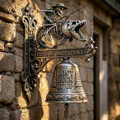 🎣 Metal Skeleton Fisherman Wall Bell – “This Is My Happy Place” Outdoor Décor