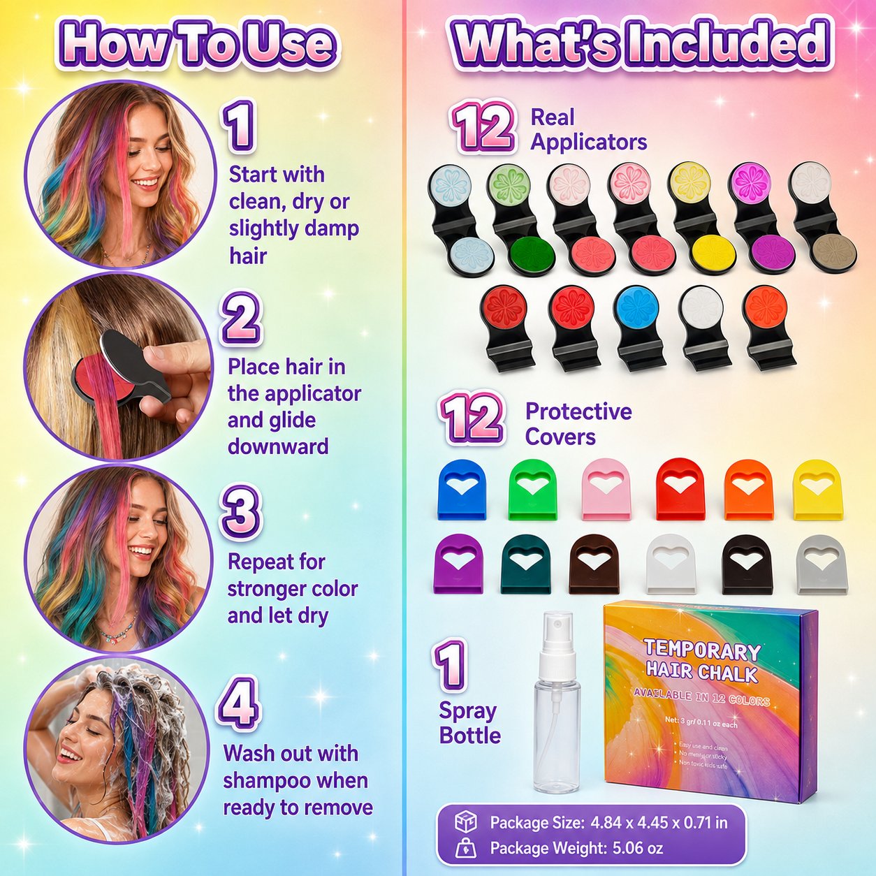 🌈 12-Color Washable Hair Chalk Styling Applicator Set | Vibrant Buildable Shades in Easy Clamp-On Applicators for Highlights, Streaks & Costume Looks ✨