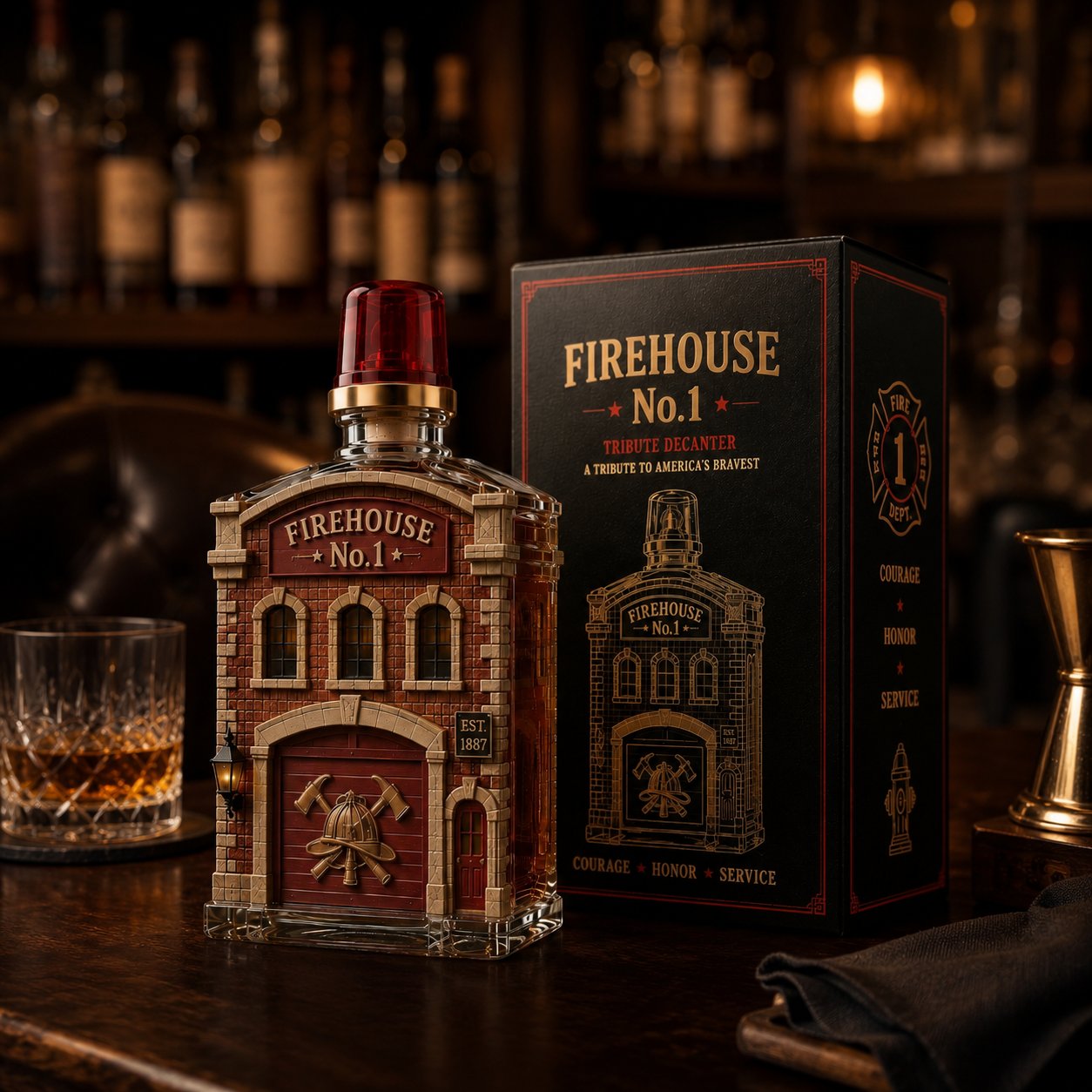 Firehouse No. 1 tribute bottle displayed on a home bar