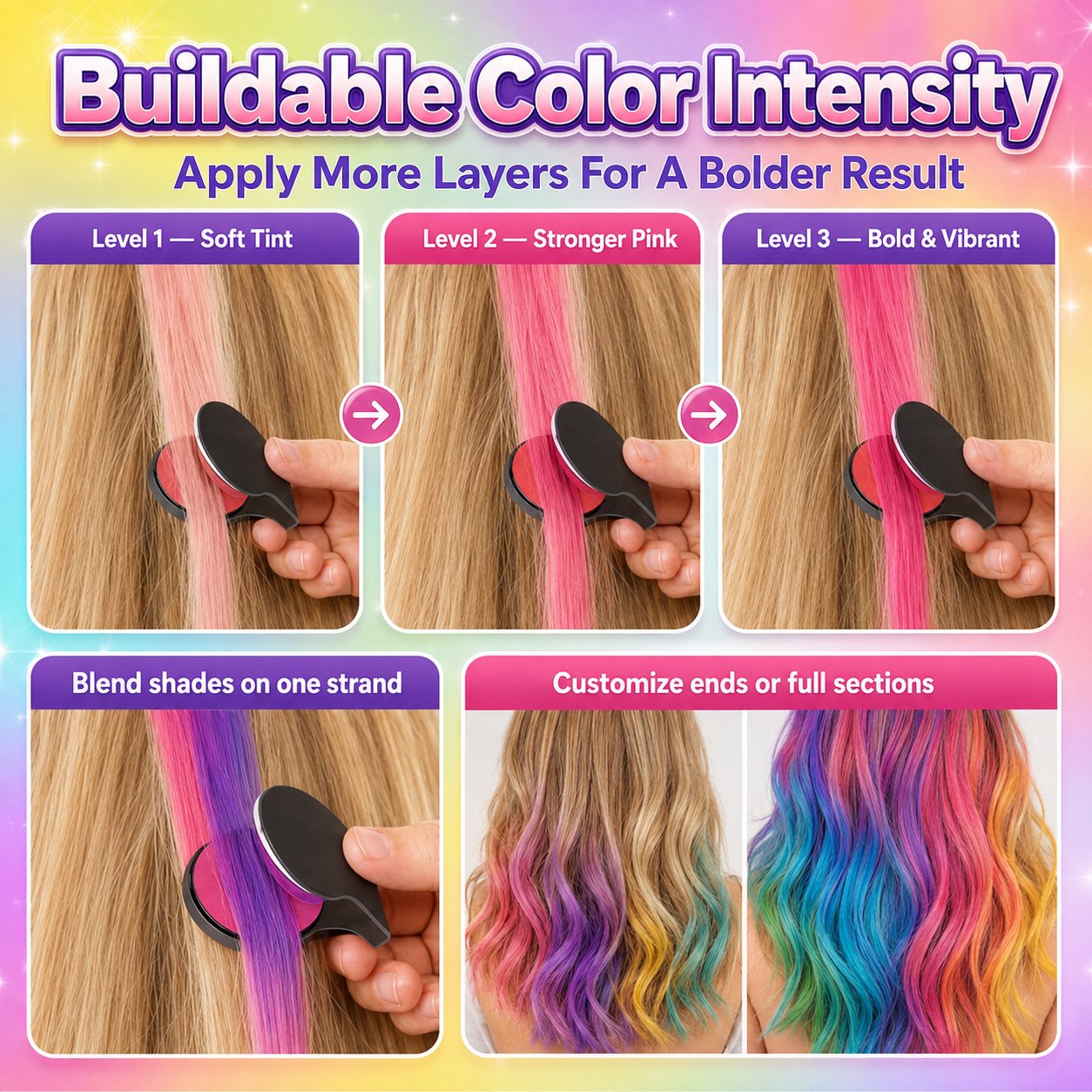 🌈 12-Color Washable Hair Chalk Styling Applicator Set | Vibrant Buildable Shades in Easy Clamp-On Applicators for Highlights, Streaks & Costume Looks ✨