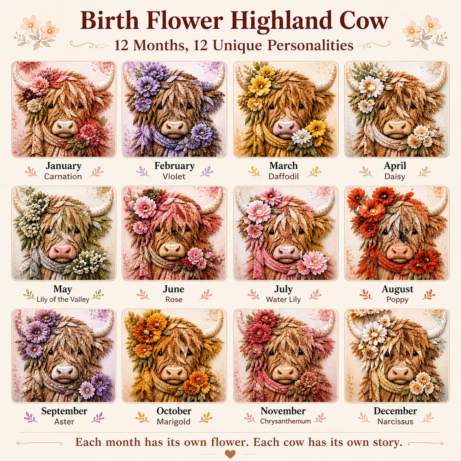 🔥LAST DAY 50% OFF - 🌸Birth Flower Highland Cow Fabric Art DIY Kit – A Handmade Keepsake You Create with Love