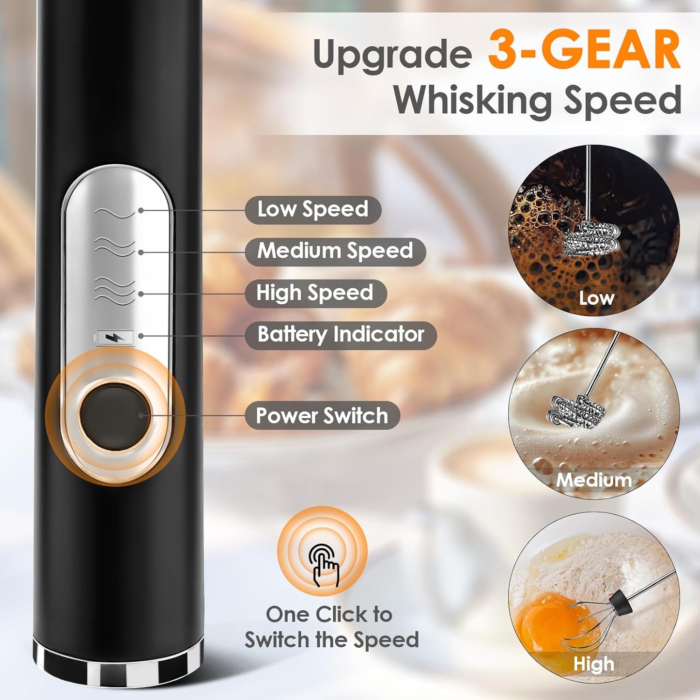 ☕ Rechargeable Milk Frother – Handheld with 2 Heads & 3 Speeds, Electric Mixer for Latte, Cappuccino, Matcha, Eggs (Black/White) 🌀