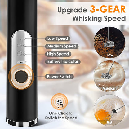 ☕ Rechargeable Milk Frother – Handheld with 2 Heads & 3 Speeds, Electric Mixer for Latte, Cappuccino, Matcha, Eggs (Black/White) 🌀