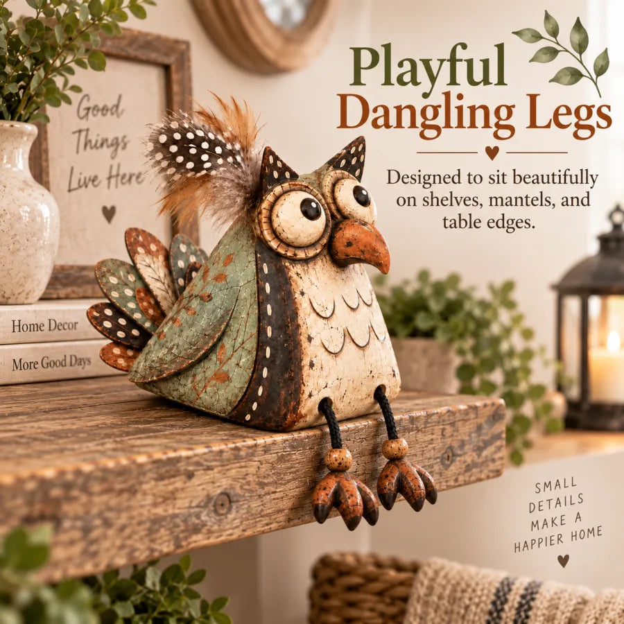 🦉🍂 Rustic Owl Shelf Sitter Decor with Dangling Legs🤎