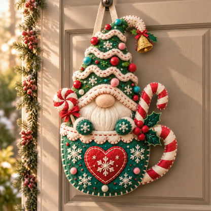 🎄 Christmas Gnome Mug Door Hanger – Cozy Felt Holiday Door Decor