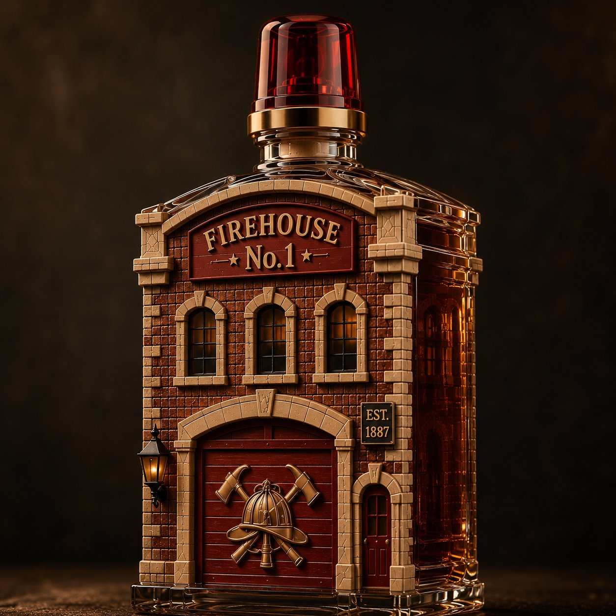 Close-up view of Firehouse No. 1 glass tribute bottle