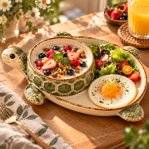 🐢✨ Turtle Morning Delight – Vintage Ceramic Divided Breakfast Plate