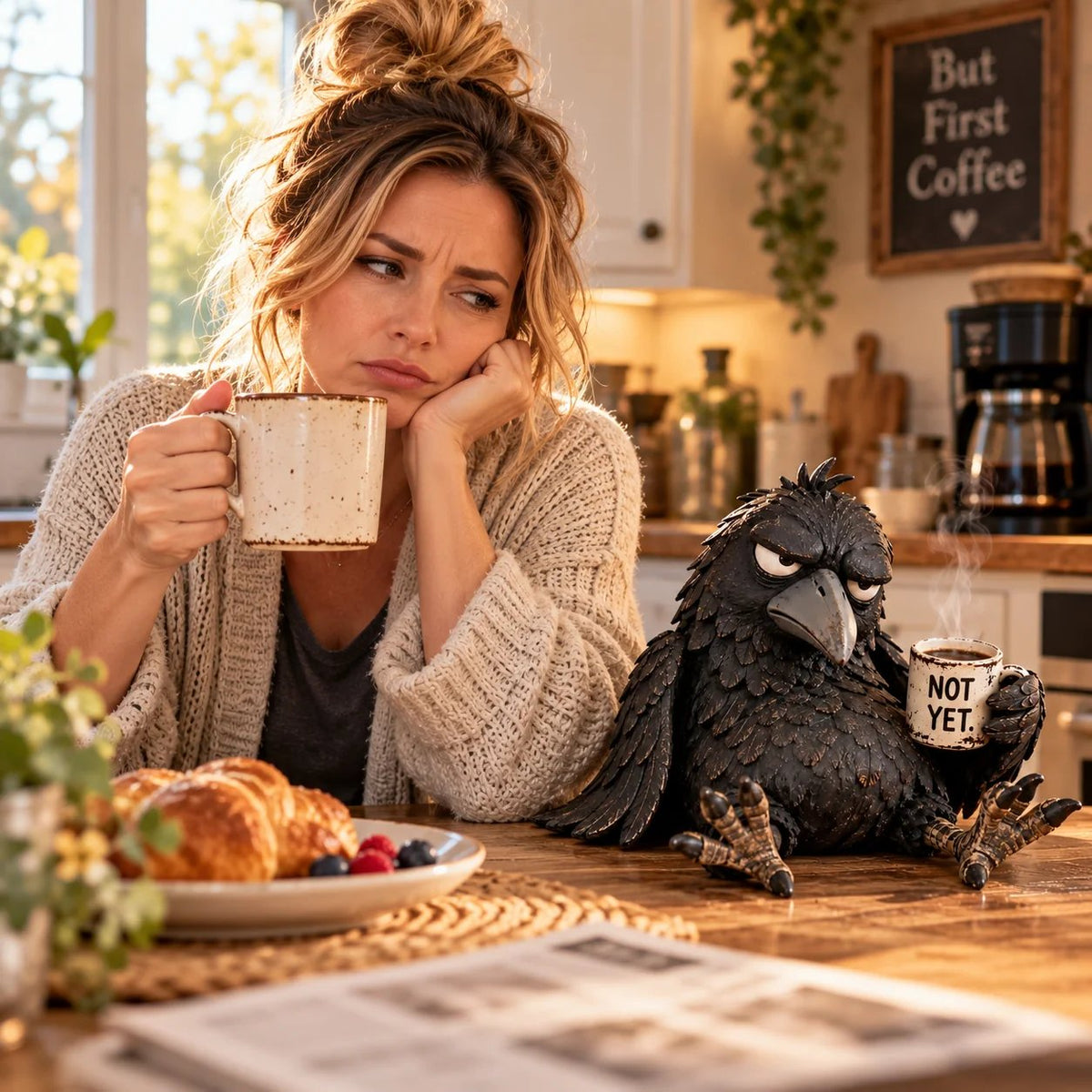 🐦‍⬛☕Grumpy Coffee Raven Figurine – “Not Yet” Funny Morning Decor😂(✨Buy 2 Free Shipping)