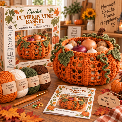 🍂🧶 Harvest Basket Crochet DIY Kit – Charming Vegetable Storage & Fall Décor