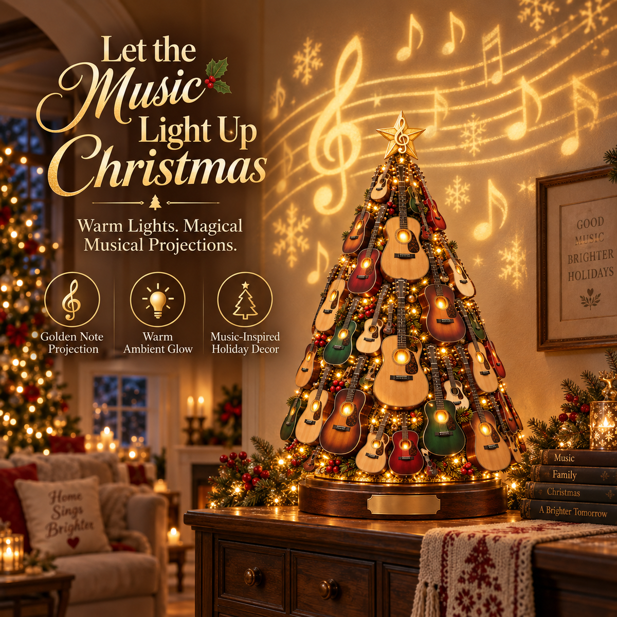 Illuminated acoustic guitar Christmas tree shown with golden musical notes on the wall