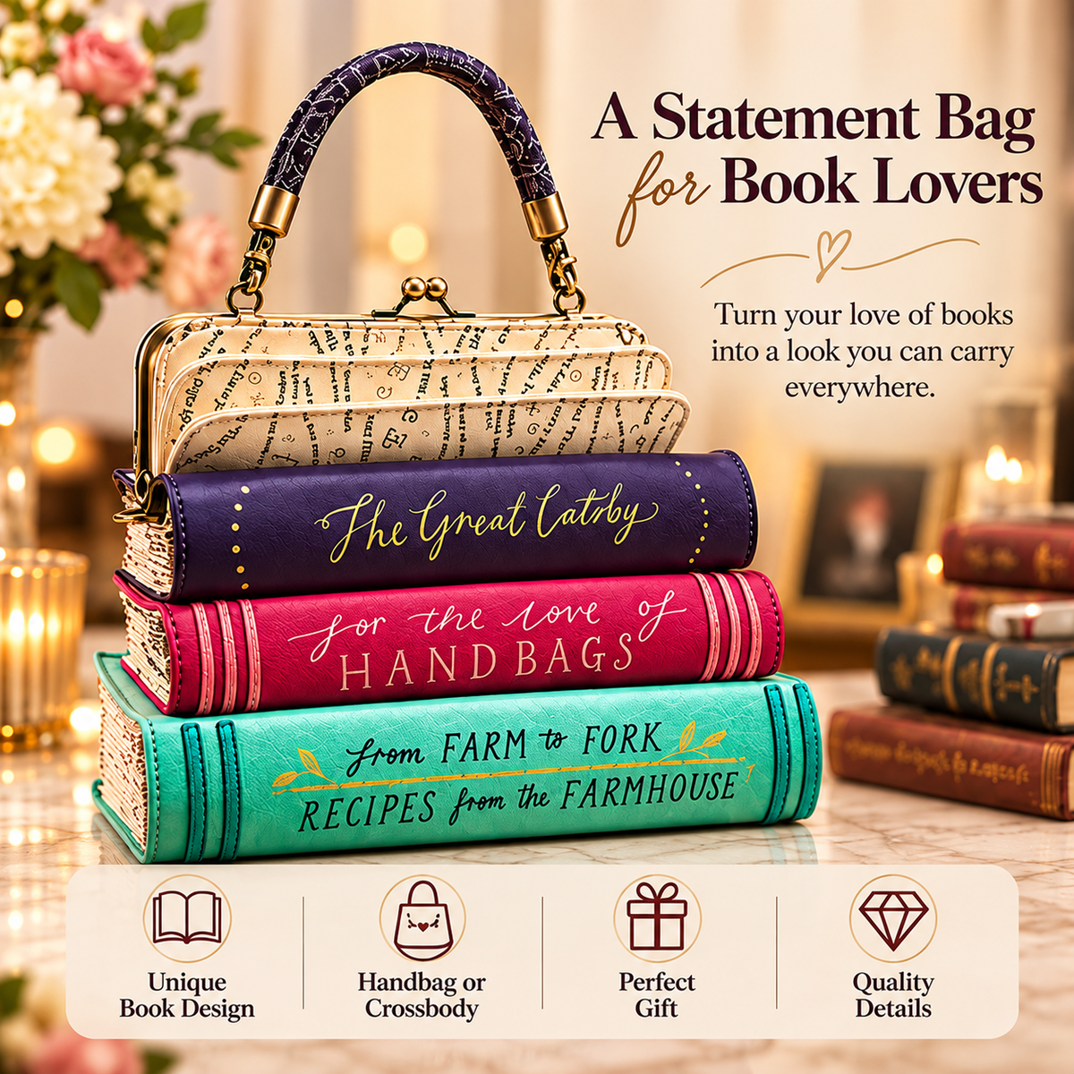 📚 Vintage Stacked Book Novelty Handbag – Literary Crossbody Purse for Book Lovers