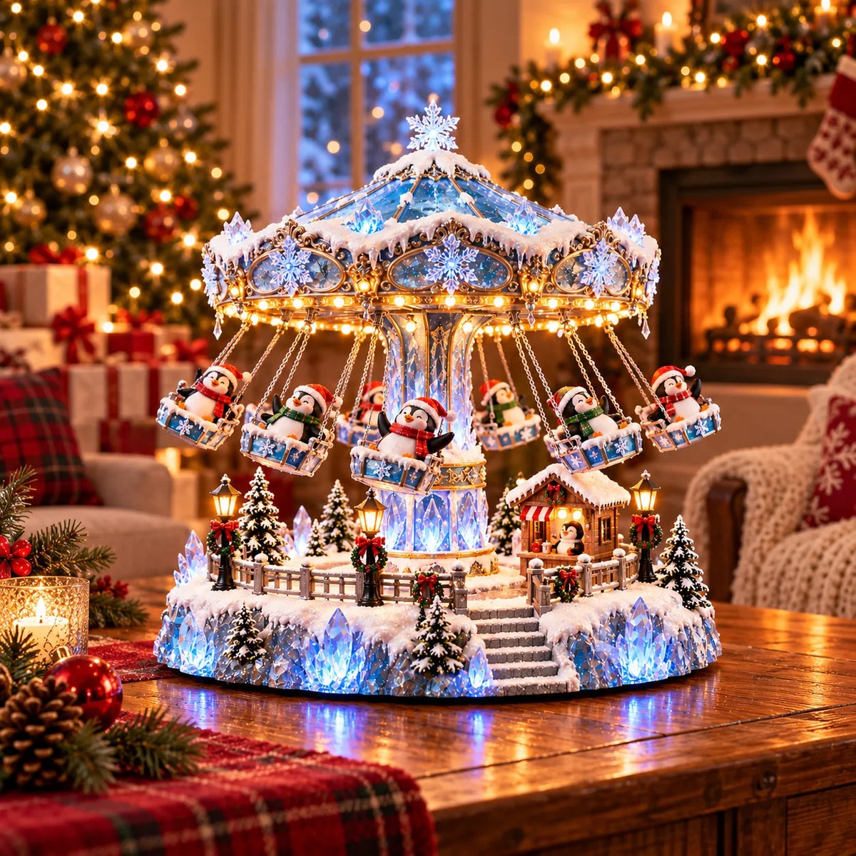 Penguin Winter Swing Carnival illuminated Christmas carousel on a festive table