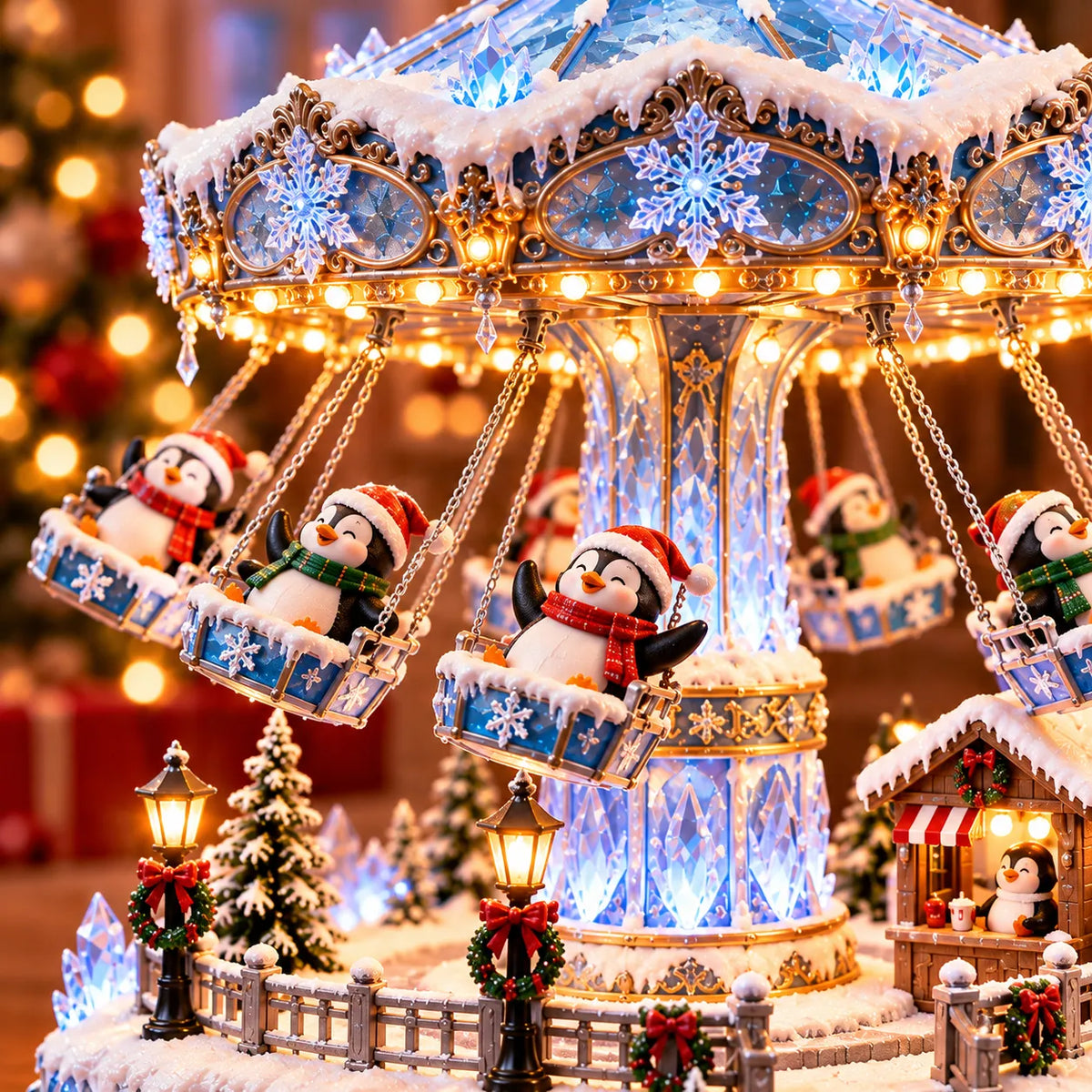 Close-up of penguins riding swing seats beneath the snowflake carousel canopy