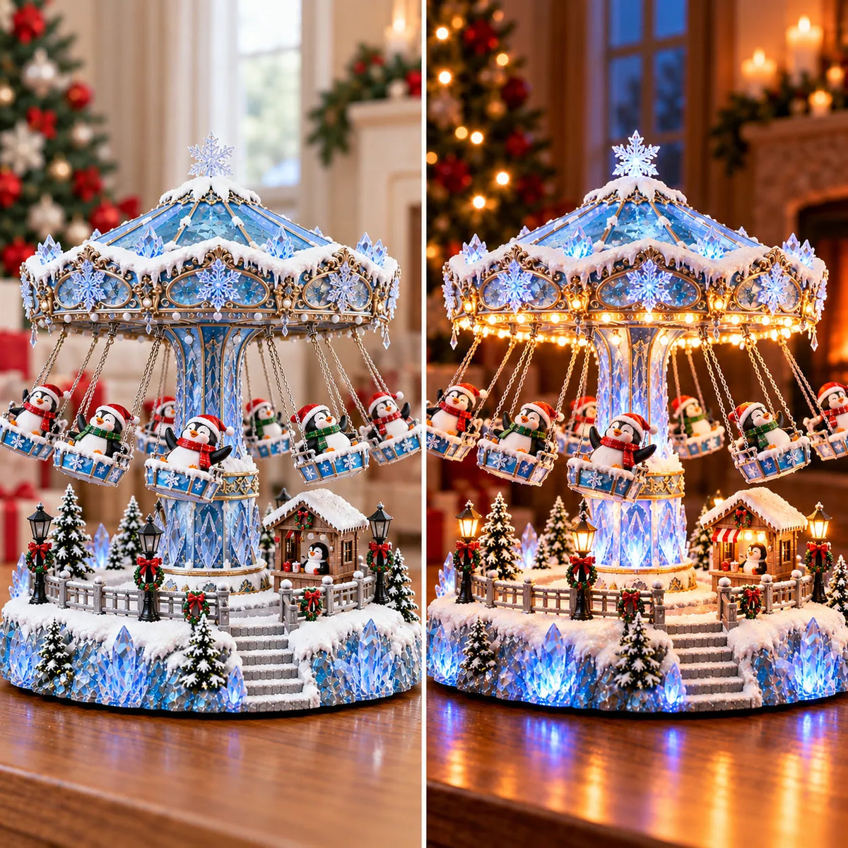 Penguin Winter Swing Carnival shown in daylight and illuminated evening mode