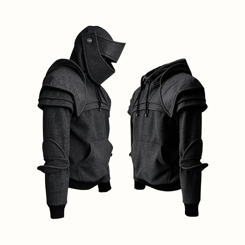 Black knight cosplay hoodie shown from front and side
