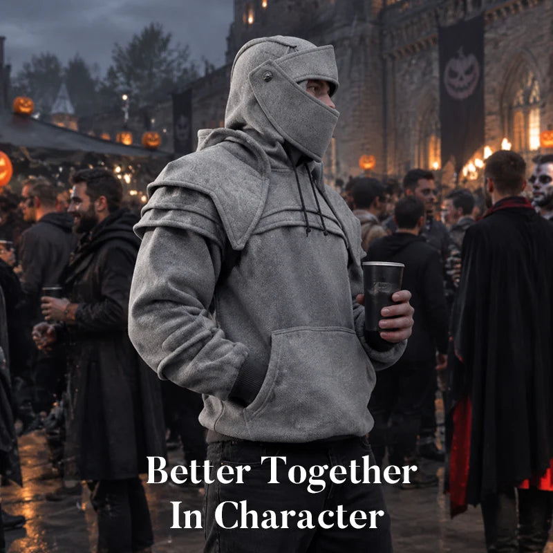 Knight cosplay hoodie worn at a fantasy-themed gathering