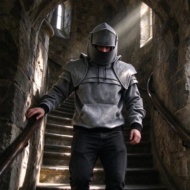 Knight cosplay hoodie worn on a medieval-style stone staircase