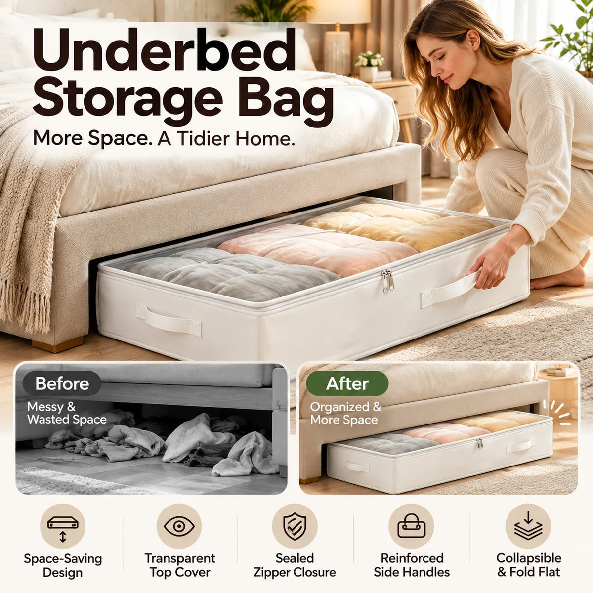 🧺 Foldable Underbed Storage Bag with Zipper Lid, Dustproof Under Bed Storage Container, Sturdy Handle for Clothes, Blankets, Bedding & Seasonal Items
