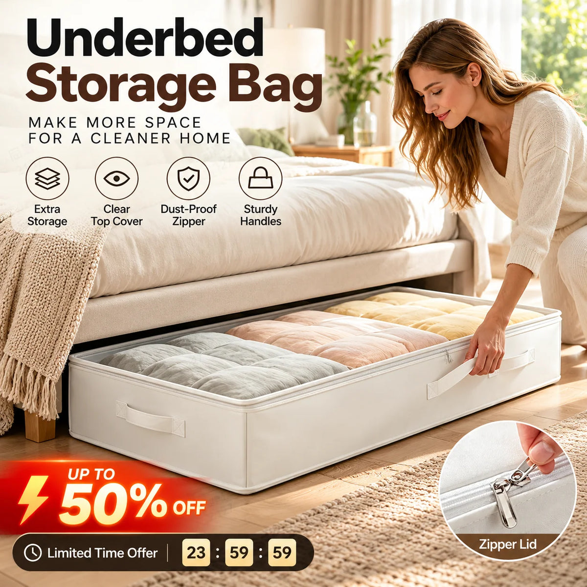 🧺 Foldable Underbed Storage Bag with Zipper Lid, Dustproof Under Bed Storage Container, Sturdy Handle for Clothes, Blankets, Bedding & Seasonal Items