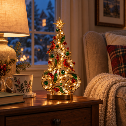 🐦Lighted Stained Glass-Inspired Christmas Tree Tabletop Decor with Red Cardinal Birds