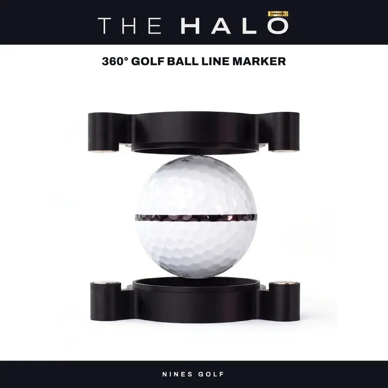 The Halo 360 degree golf ball line marker shown around a golf ball