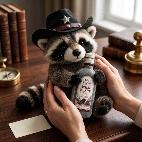 Hands displaying the soft cowboy raccoon collector plush