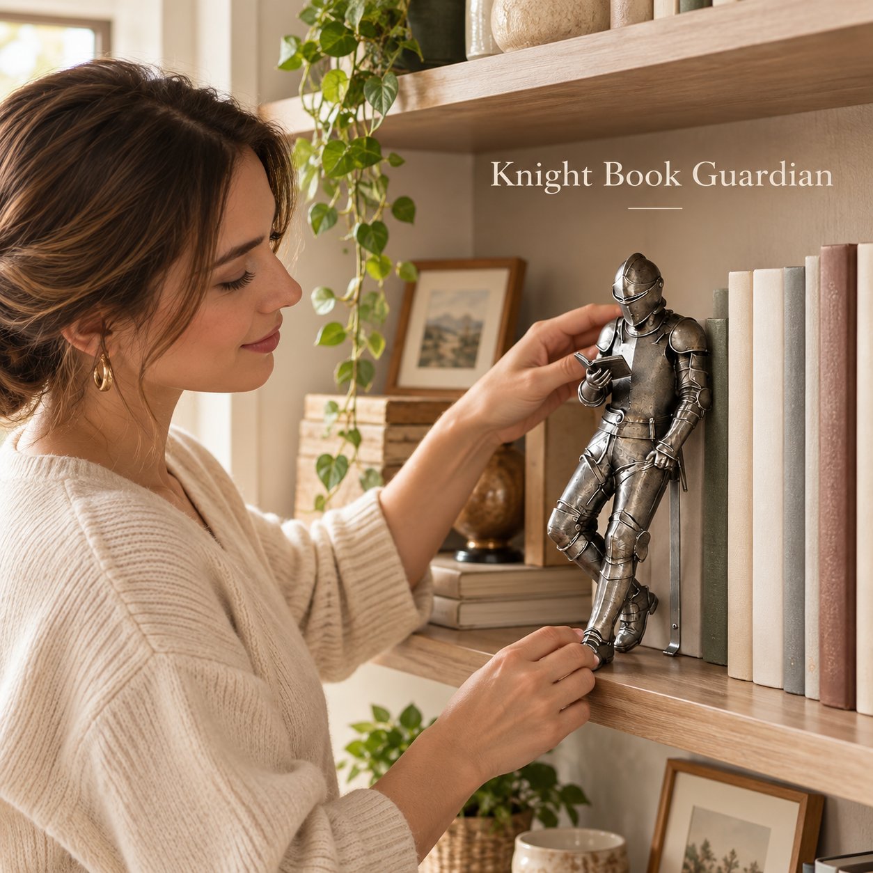 🛡️ Reading Knight Bookend Statue | Antique Metal Finish Bookshelf Guardian, Novelty Decor Gift For Bibliophiles