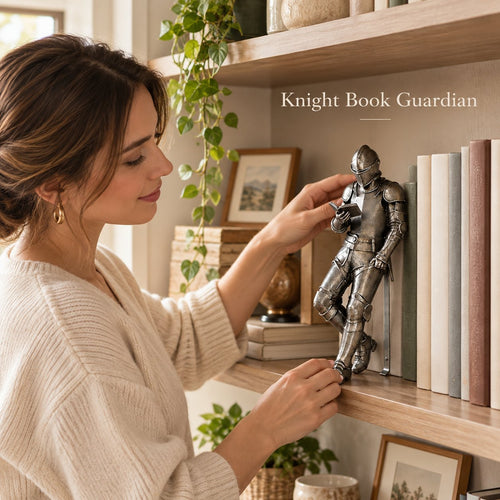 🛡️ Reading Knight Bookend Statue | Antique Metal Finish Bookshelf Guardian, Novelty Decor Gift For Bibliophiles