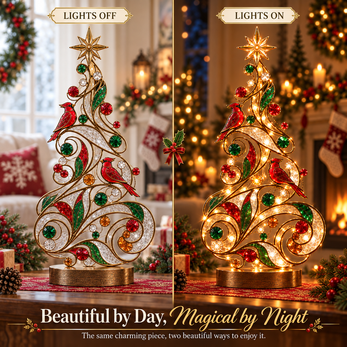🐦Lighted Stained Glass-Inspired Christmas Tree Tabletop Decor with Red Cardinal Birds
