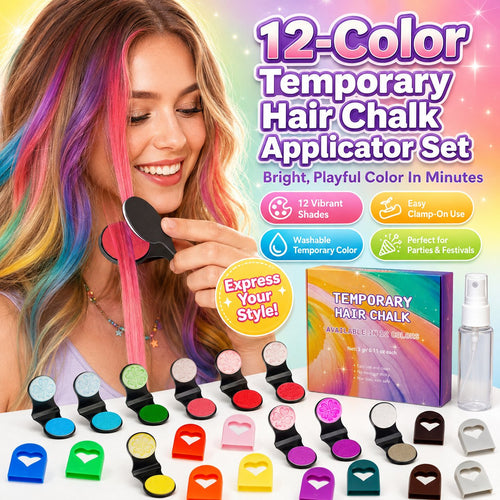 🌈 12-Color Washable Hair Chalk Styling Applicator Set | Vibrant Buildable Shades in Easy Clamp-On Applicators for Highlights, Streaks & Costume Looks ✨