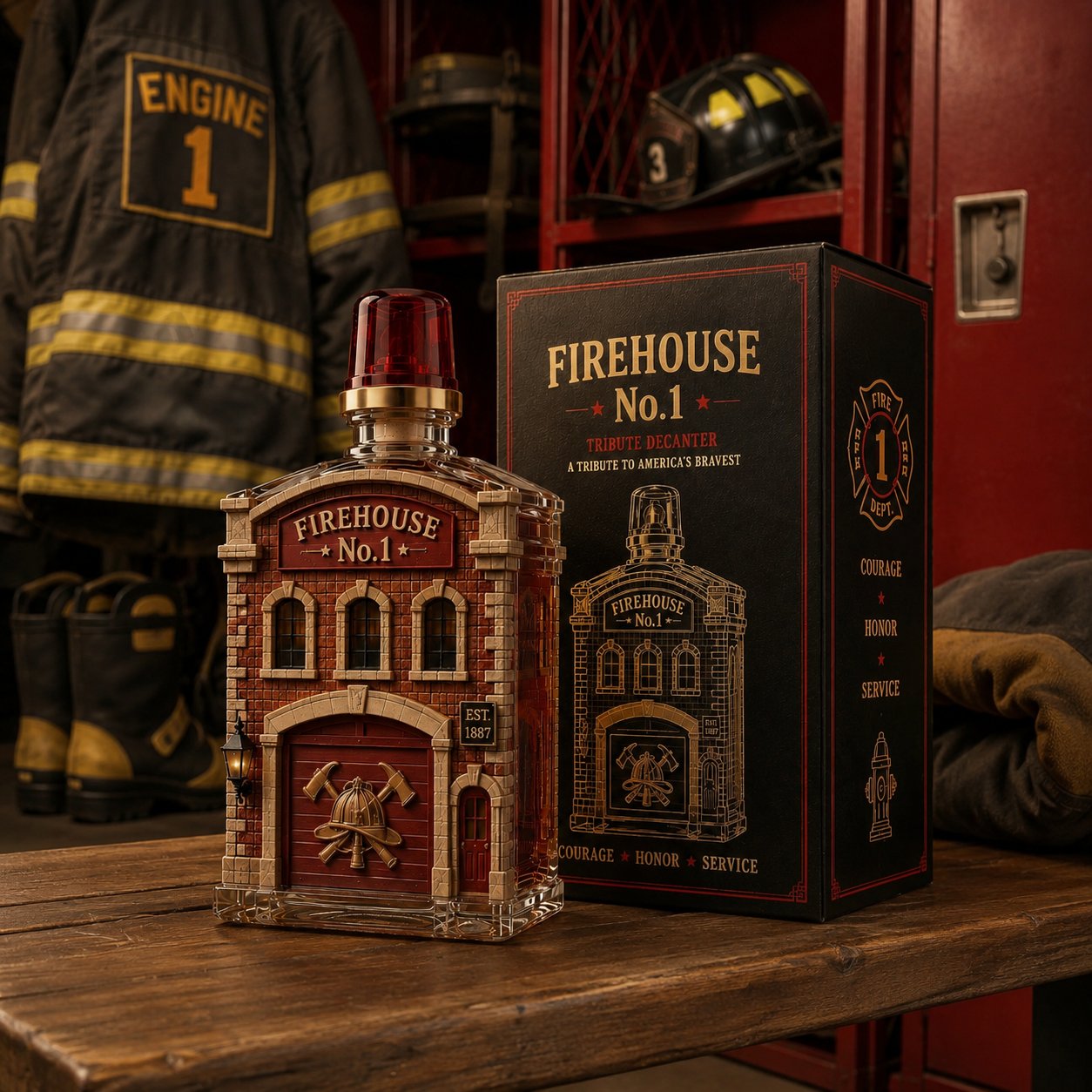 Firehouse tribute decanter displayed inside a firefighter locker room