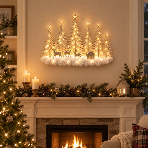 🦌✨ Glowing Christmas Woodland Wall Decor | Snowy Forest, Deer & Cottage Scene🎄