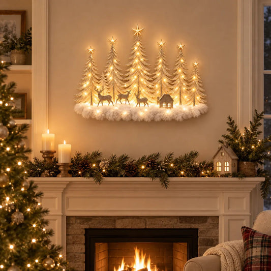 🦌✨ Glowing Christmas Woodland Wall Decor | Snowy Forest, Deer & Cottage Scene🎄