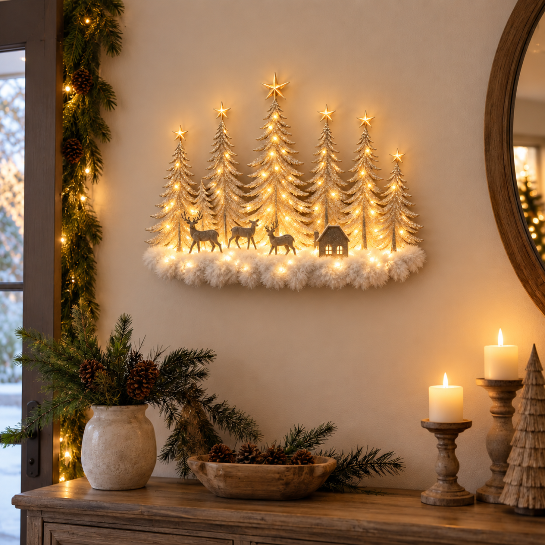 Christmas woodland wall decor in an entryway