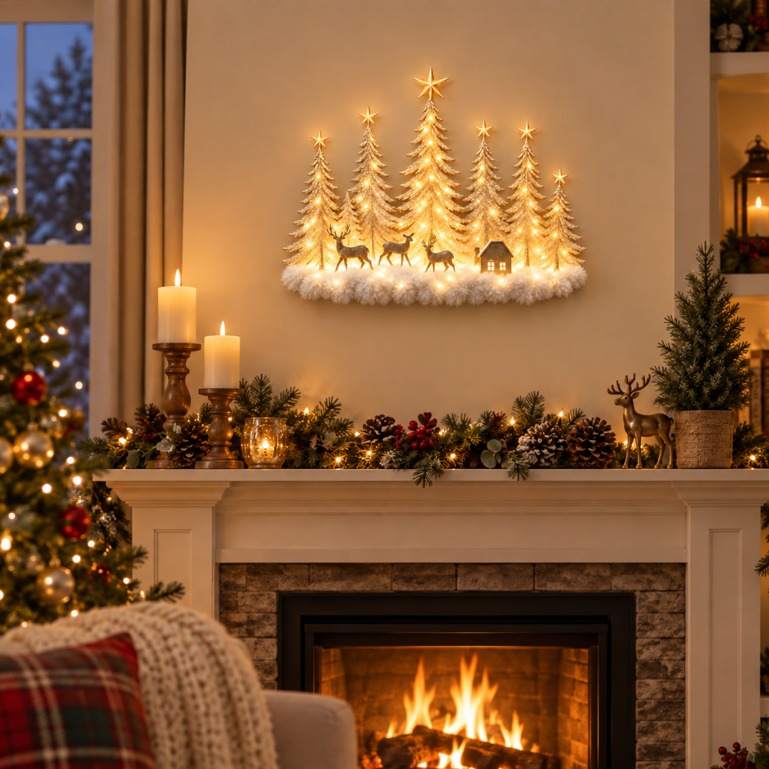 Christmas woodland wall decor above a fireplace mantel